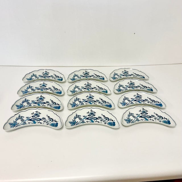 1970s Vintage Japanese Chinoiserie Meissen Blue Danube Crescent Plates - Set of 12 For Sale - Image 6 of 8