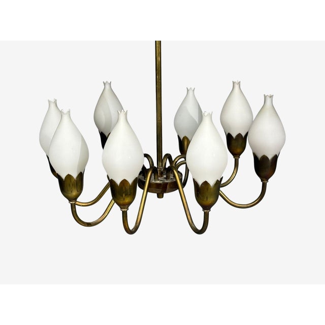 White 1950s Fog & Mørup, Tulip Chandelier, Opal Glass, Brass, Denmark, 1950s For Sale - Image 8 of 13