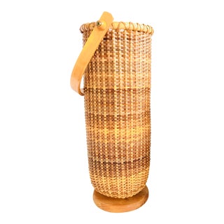 Vintage Bamboo Wicker Bottle Holder Basket Picnic Carrier For Sale