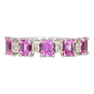 1.49Ct Pink Sapphire & Diamond Band in Solid 14k Gold - Emerald Cut 4x3mm, Size 6.75 For Sale