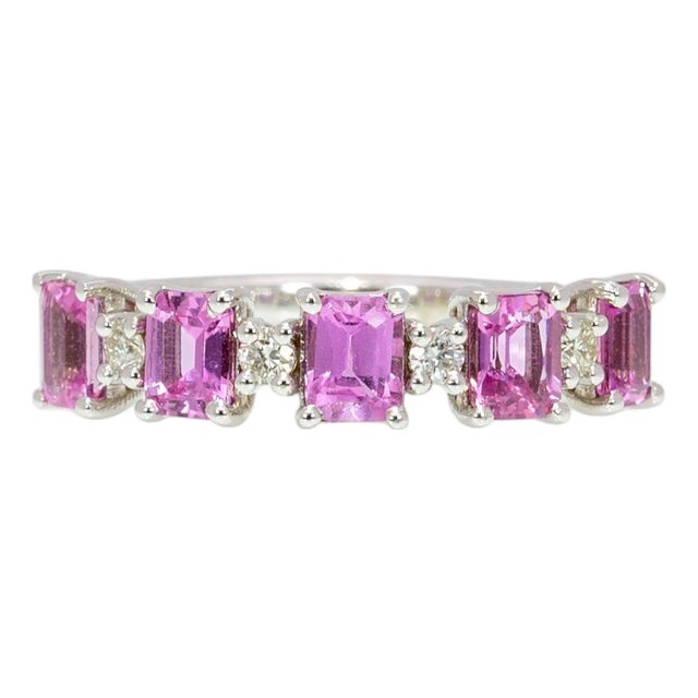 1.49Ct Pink Sapphire & Diamond Band in Solid 14k Gold - Emerald Cut 4x3mm, Size 6.75 For Sale