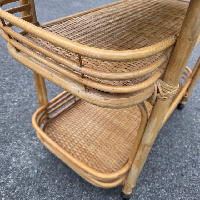 Wood Vintage Coastal Three-Tier Rattan and Wicker Bar Cart or Étagère on Casters For Sale - Image 7 of 11
