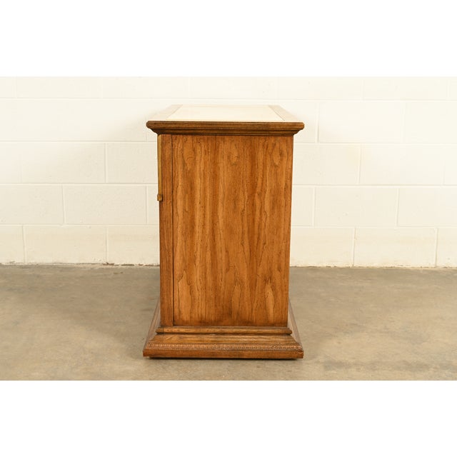 French Regency Louis XVI Carved Pecan Wood Marble Top Sideboard Buffet or Bar Cabinet by Stanley, Circa 1960s For Sale - Image 11 of 13