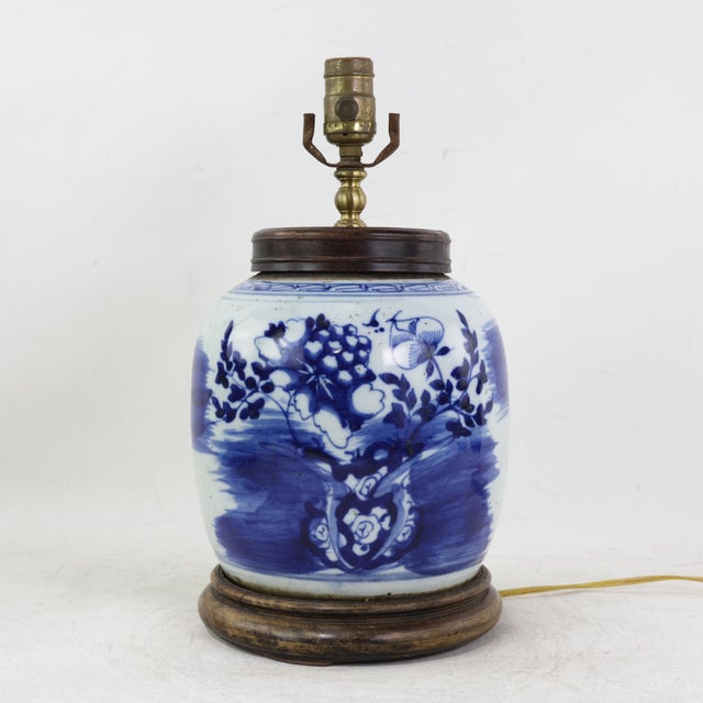 Blue and White Antique Porcelain Vase Lamp With Cobalt Floral Motif on Wood Base For Sale - Image 16 of 16