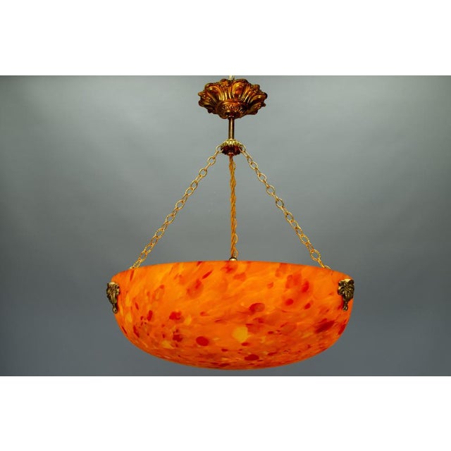 French Art Deco Mottled Orange Glass & Brass Pendant Light, 1930s For Sale - Image 17 of 18