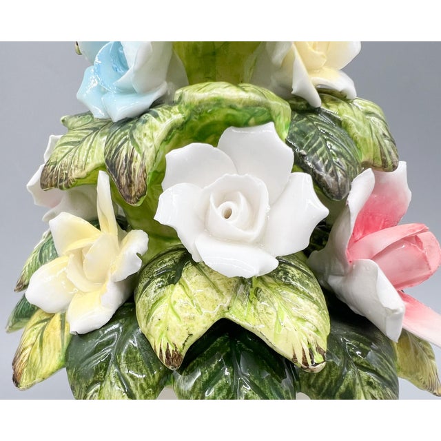 Ceramic Petite Pair of Vintage Ceramic Floral Topiary Pedestals – Capodimonte Style - Cottagecore, Romantic, English Garden For Sale - Image 7 of 18