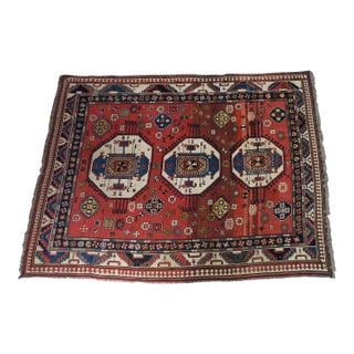 Semi Antique Hand Knotted Tribal Geometric Medallion Wool Area Rug 7' X 9' For Sale