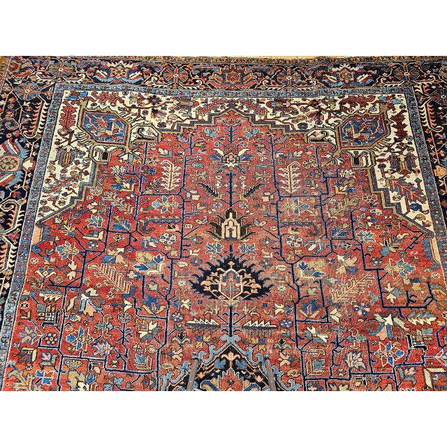 French Country Antique Heriz Karajah Rug, Hand-Knotted Wool, Geometric Pattern, Brick-Red & Navy, 11x18 For Sale - Image 3 of 10
