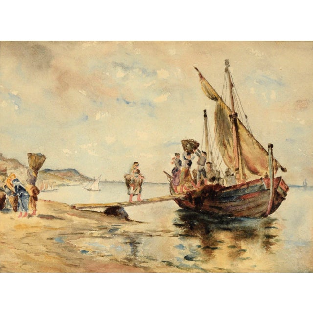 French Coastal Scene in Brittany with a merchant ship onloading fish and people by an unknown artist. A sailing vessel is...