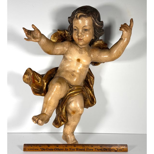 18th Century Baroque Polychrome Giltwood Putto Cherub Sculpture For Sale - Image 16 of 18