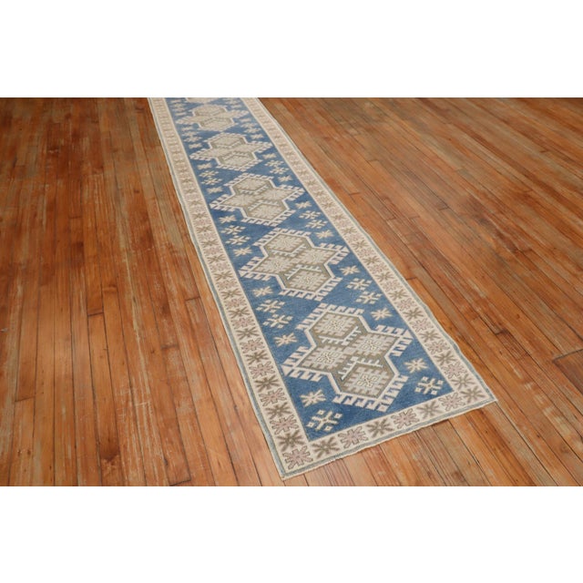 Vintage Denim Blue Geometric Turkish Runner - 2'4" x 11'10" For Sale - Image 4 of 9