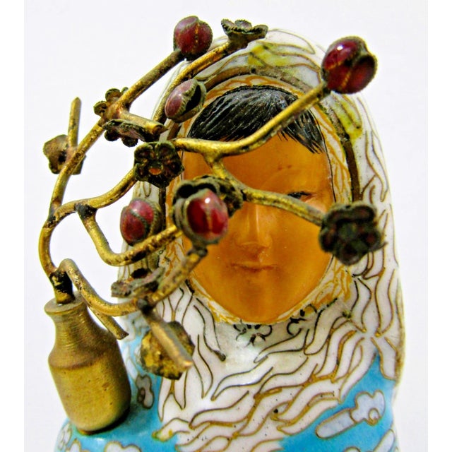 Antique Asian Blue Cloisonne Figurine Holding Brass Vase With Lotus Wood Base For Sale - Image 11 of 16