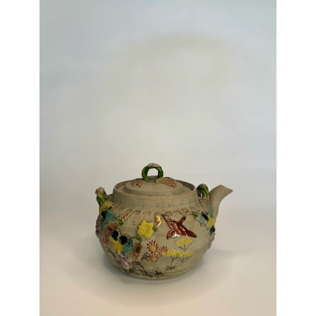 Vintage Japanese Bisque and Enamel Flora & Fauna Small Teapot by Banko, Multi Color For Sale - Image 11 of 12