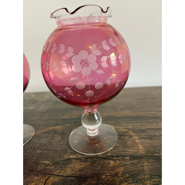Victorian Vintage Cranberry Etched Vase For Sale - Image 3 of 6