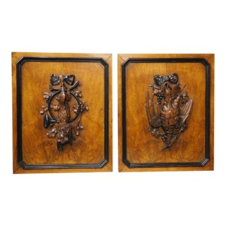 Pair of Antique French Carved Burl Walnut and Oak Hunt Panels, Circa 1870 For Sale