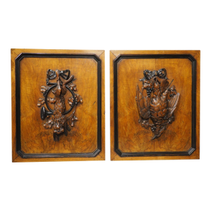 Pair of Antique French Carved Burl Walnut and Oak Hunt Panels, Circa 1870