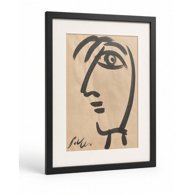 Abstract Late 20th Century Framed Peter Keil Picasso-Style Line Portrait — Abstract Face Drawing in Black Frame For Sale - Image 3 of 5