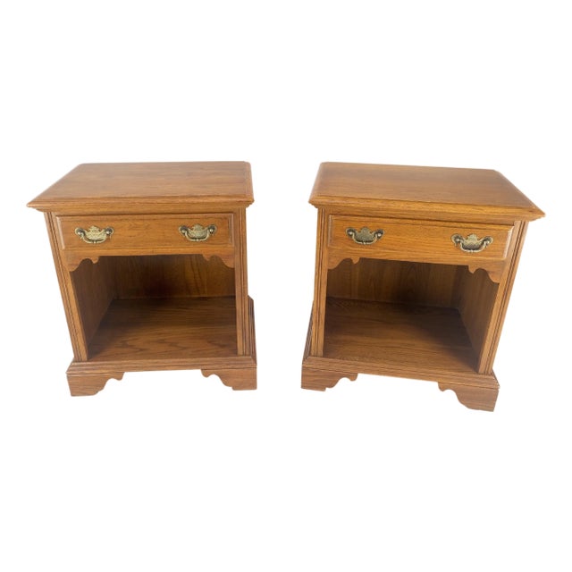Pair of Chestnut One Drawer Nightstands End Tables Bracket Feet Shelf For Sale