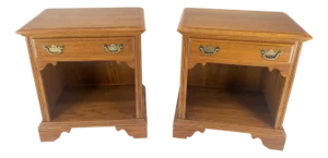 Pair of Chestnut One Drawer Nightstands End Tables Bracket Feet Shelf