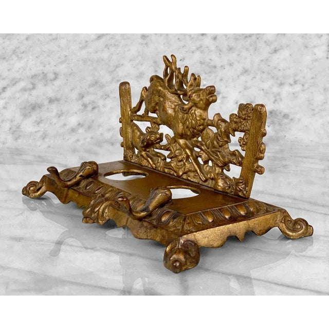 Traditional Vintage Traditional Brass Elk Stag Hunting Motif Library Pen Rest Inkwell For Sale - Image 3 of 7