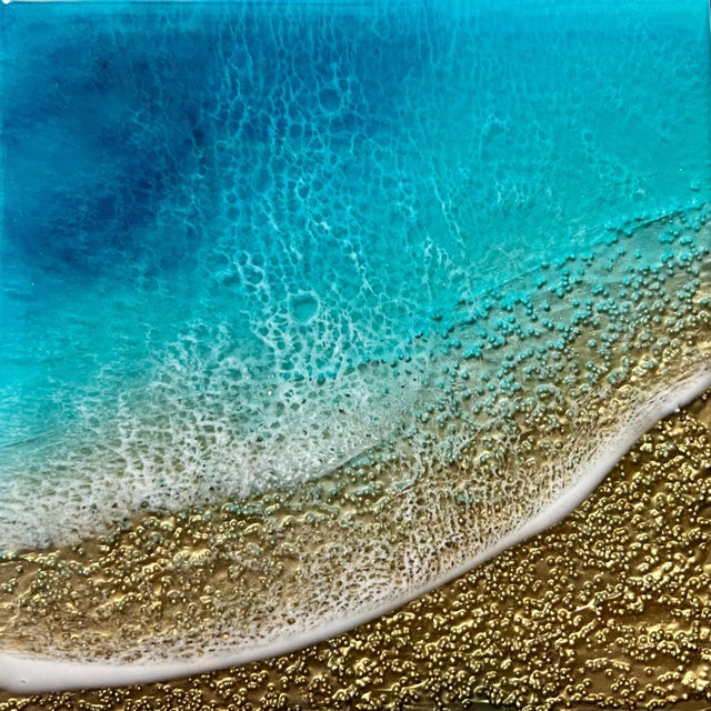 Calm Waters by Ana Hefco | Mixed Media on wood panel Abstract beach scene with blue water and sand. For Sale