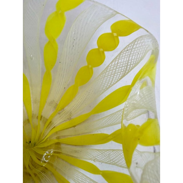 Contemporary 1950s Murano Hand Blown Art Glass Bowl Yellow Latticino Filigrana Dish For Sale - Image 3 of 9