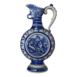 Antique Handmade Figural Blue Gray Westerwald German Pottery Jug Stein Pitcher For Sale