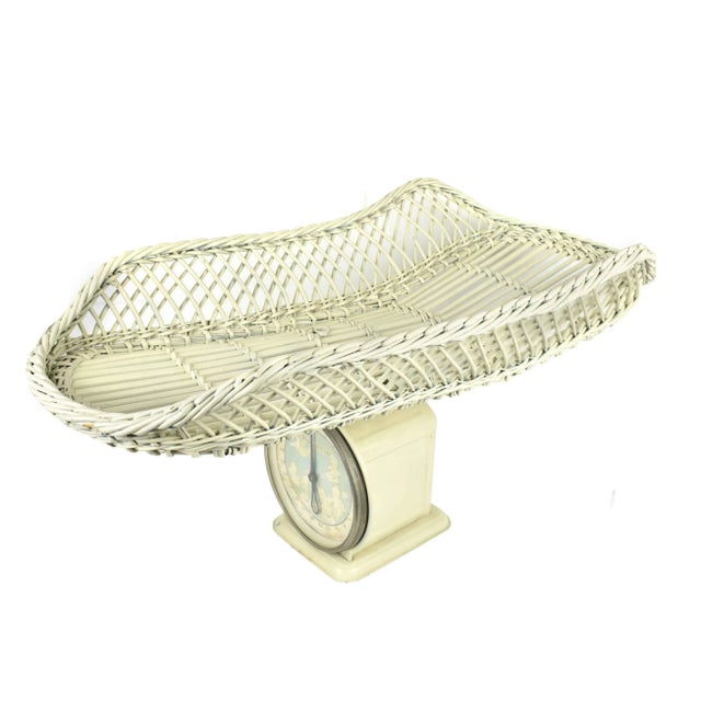 Vintage mid 20th century metal baby nursery scale with large woven wicker basket and insert made by John Chatillon and...