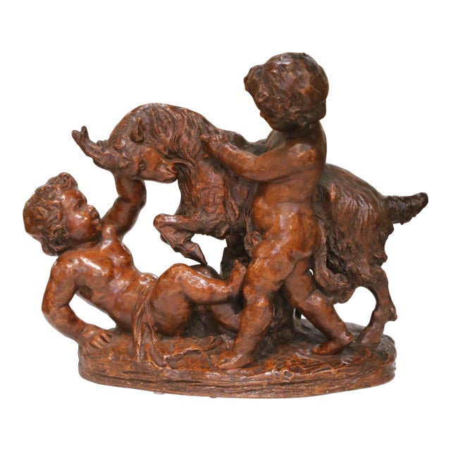 19th C. French Terracotta Sculpture of Cherubs and Goat Signed P. De Leonardi For Sale