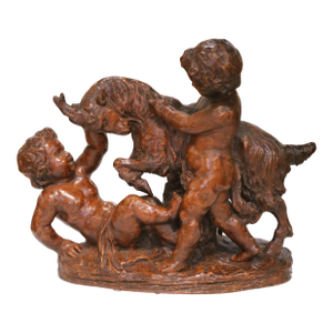 19th C. French Terracotta Sculpture of Cherubs and Goat Signed P. De Leonardi