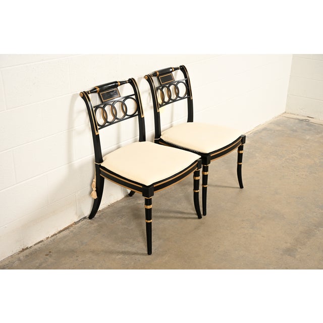 Baker Furniture Historic Charleston Regency Ebonized and Gold Gilt Side Chairs or Dining Chairs, Pair For Sale - Image 16 of 16