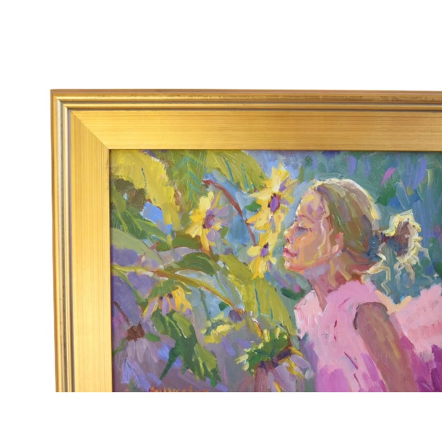 Sunflowers and Young Girl in Pink Dress by Listed Artist Silvio Silvestri Oil Painting W/ Antiqued Gold Wood Frame For Sale In Los Angeles - Image 6 of 11