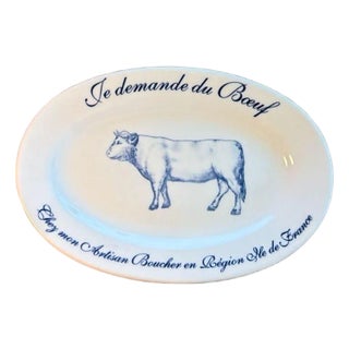 Vintage Williams-Sonoma 'Je Demande du Boeuf' Blue and White Oval Steak Platter For Sale