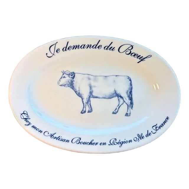 Vintage Williams-Sonoma 'Je Demande du Boeuf' Blue and White Oval Steak Platter For Sale