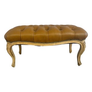 French Louis XV Style Tufted Bench - Caramel Leather For Sale