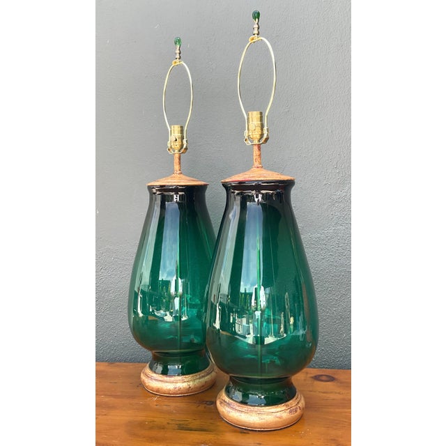 Mid-Century Modern Vintage Emerald Glass Table Lamps - Set of 2 For Sale - Image 3 of 14
