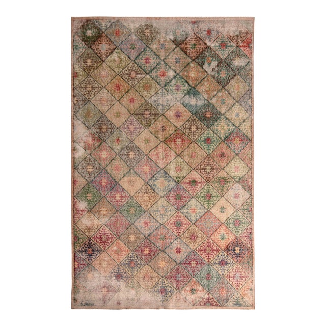 1960s Mid-Century Vintage Art Deco Rug - Multicolor Distressed Wool For Sale