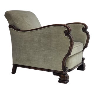 Danish Lounge Chair in Velour and Carved Oak, 1950s For Sale