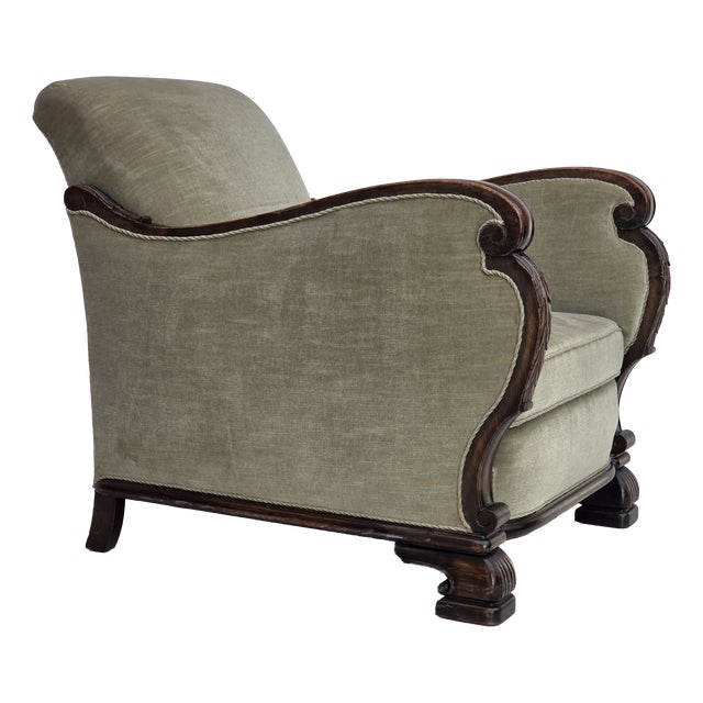Danish Lounge Chair in Velour and Carved Oak, 1950s For Sale