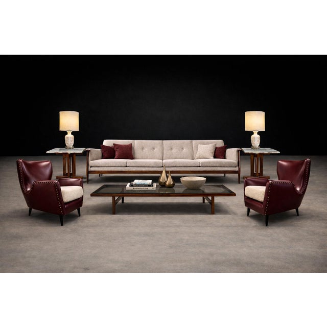 Pair of Brazilian Modernist Armchairs in Hardwood, Burgundy Leather & Bouclé by Carlo Hauner, 1950s – Lot 466 For Sale In New York - Image 6 of 15