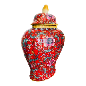 Vintage Chinese Famille-Rose Jar Arabesque on Red Featuring Lotus Flowers