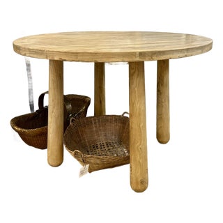 Contemporary Wabi-Sabi 43" Round Solid Mango Wood Pillar Dining or Foyer Table For Sale