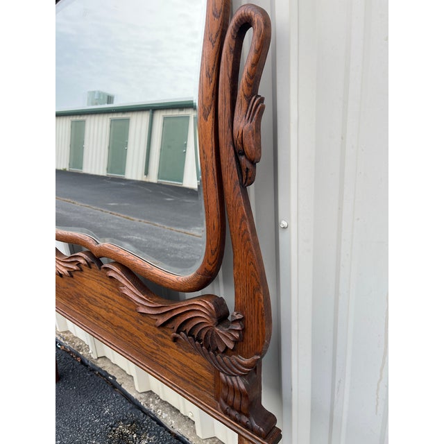 Antique Carved Swans Articulating Beveled Glass Oak Dressing Mirror For Sale - Image 9 of 13