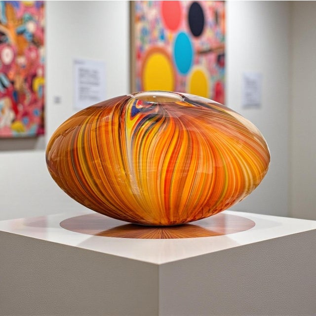 A substantial Italian hand-blown cased art glass bowl vase distinguished by dramatic ribbon swirl striping in saturated...