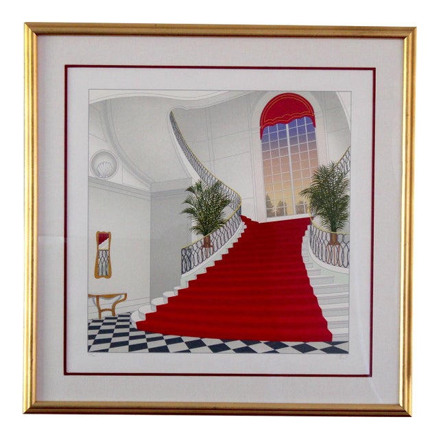 Fanch Ledan Limited Edition Serigraph “Le Grand Escalier Rouge” – Pencil Signed, Framed For Sale
