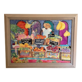 Jennifer Markes "Crates in Harvest" Large Original Silk Painting, Tropical Fruit Market, Signed and Framed For Sale