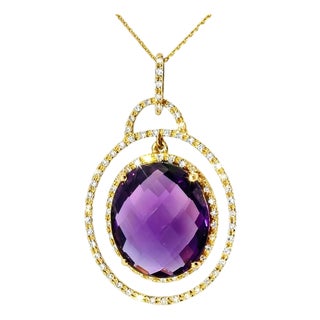 Late 20th Century 14K Yellow Gold Amethyst Diamond Drop Pendant Necklace For Sale