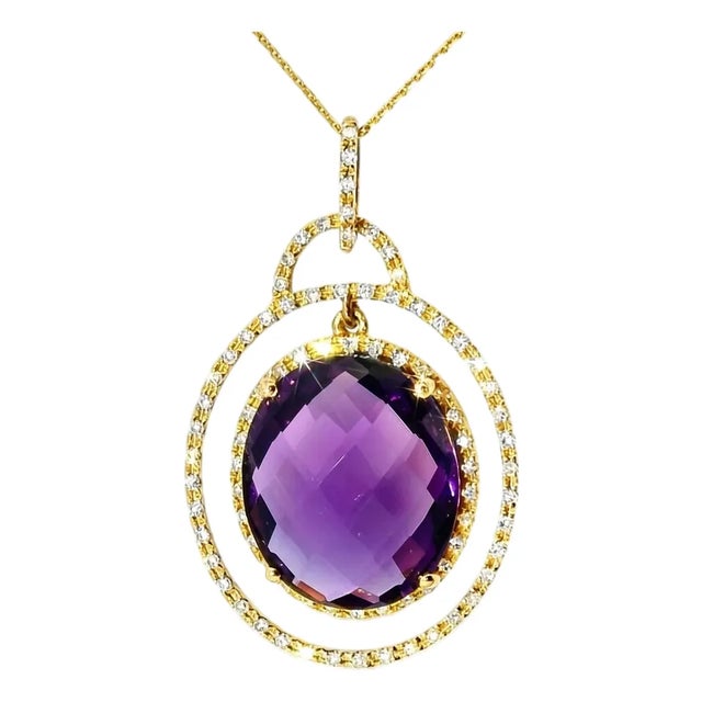 Late 20th Century 14K Yellow Gold Amethyst Diamond Drop Pendant Necklace For Sale