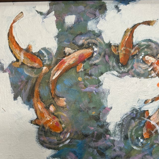 Contemporary Stephen Heigh koi fish in pond painting. Signed and framed. Measures 8x10 or 17x15 with vintage frame with...