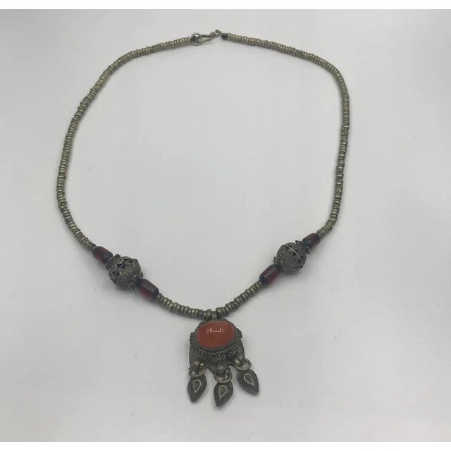 Vintage Tibetan-Style Carnelian Cabochon and Brass Link Necklace For Sale - Image 4 of 6